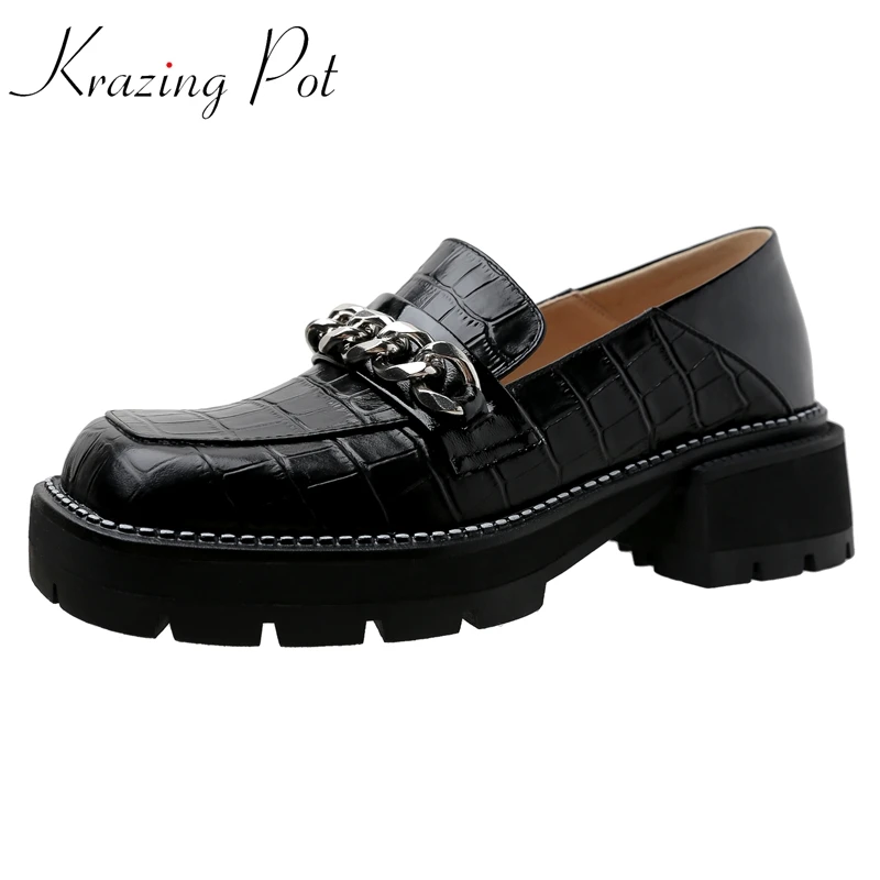 

Krazing Pot Large Size Genuine Leather Square Toe High Heel Loafers Platform Chains Deep Mouth Slip on Leisure Women Pumps L60