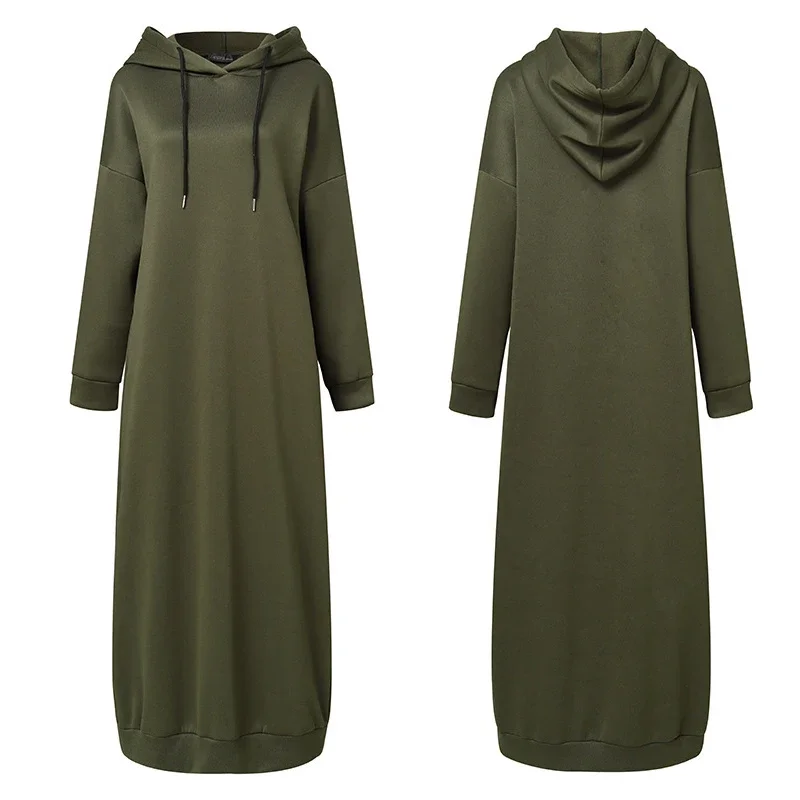 Muslim Long Sleeve Hoodie Dress Solid Color Casual Loose Pocket Long Robe Maxi Female Fashion Long Sweatshirt Vestidos