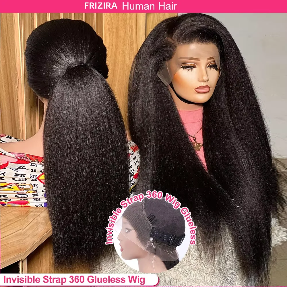 250Density Invisi Strap 360 Full Lace Glueless Wig Invisible Drawstring Frontal Wig 30 Inch Kinky Straight Lace Front Human Hair