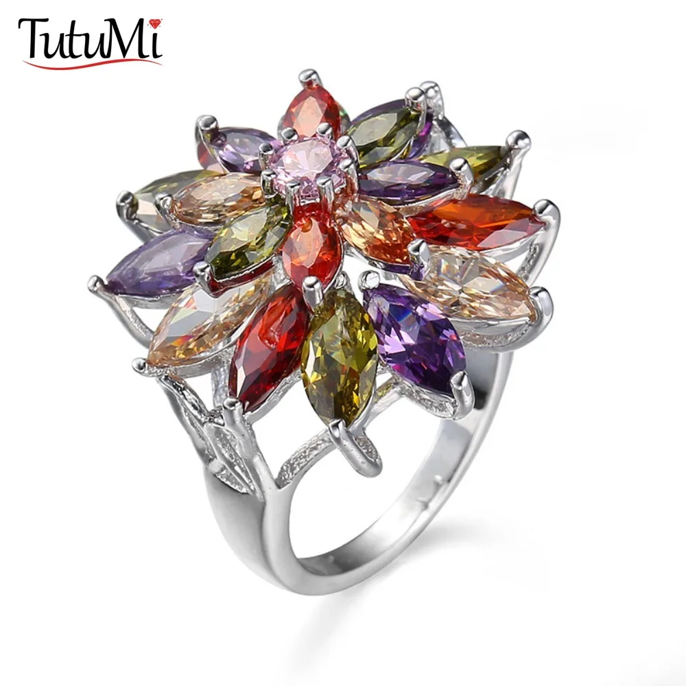 

Women's Jewelry S925 Silver Rainbow Color Zircon Lady's Flower Ring Rhinestone Wedding Rings Sovereign Creative bridge Gifts