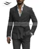 2024 New Mens Blazer Luxery Designerstyle Western Tailored Suit Lapel Belt Tuxedo Gentleman Texture Solid Color Unique Design 2