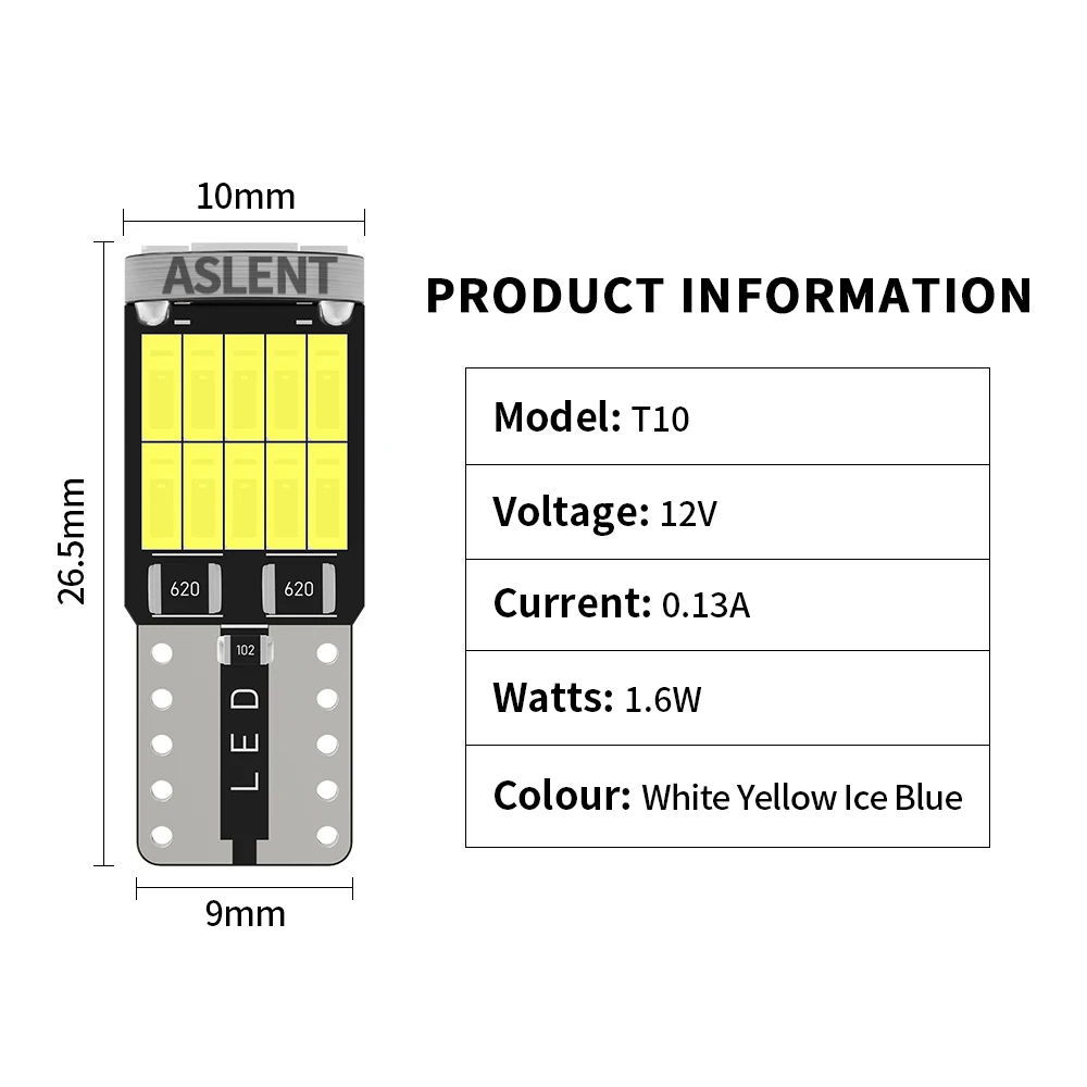 ASLENT 10x W5W T10 Led  Canbus 4014 26SMD 6000K 168 194 Led 5w5 ڵ ׸   ȣ  ȣ 
