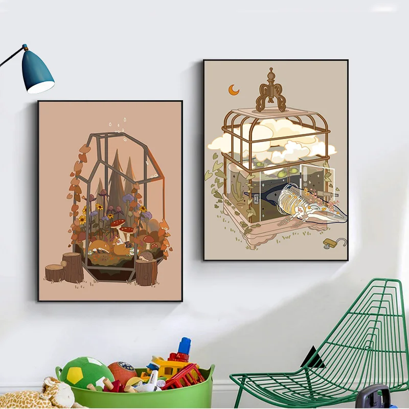 Little Fresh Illustration Canvas Poster Lovely Cartoon Family Thing Wall Art Pictures for Living Room Bedroom Modern Home Decor