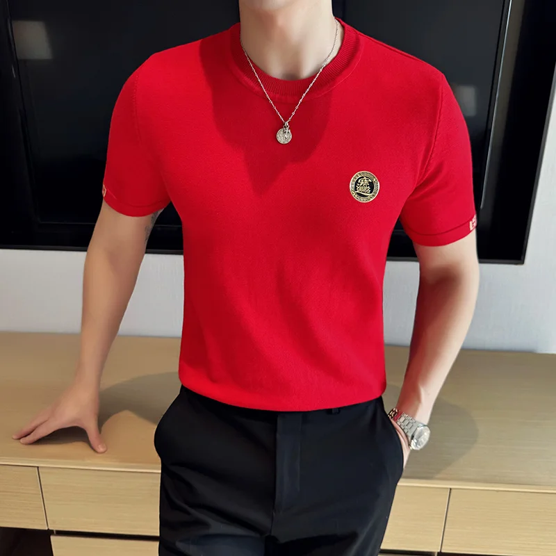 

2024 Spring Summer Knitted T-shirt Men Fashion Slim Fit Round Neck Red T-shirt Casual Social Party Tee Tops Men Clothing