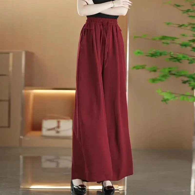 Spring Women 2024 Thin Style Sagging Sensation High Waisted Appear Thin Solid Color Pants Summer Loose Pocket All-match Trousers