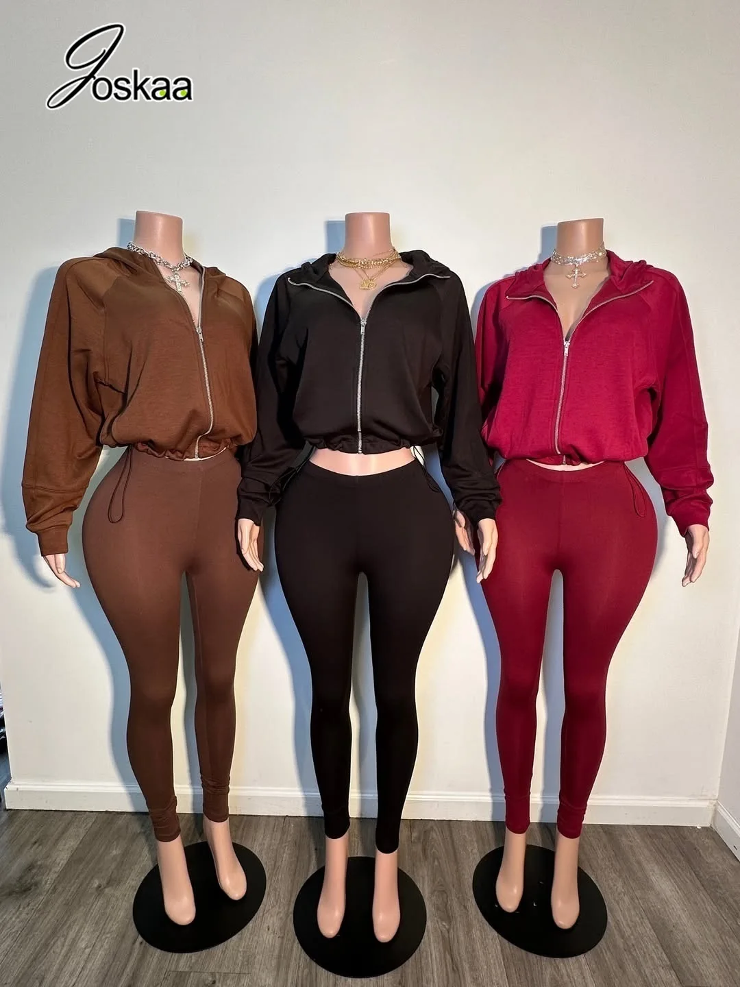 Ensemble 2 pièces décontracté et sportif pour femme Joskaa, sweat-shirt court à capuche zippé + leggings skinny taille haute, survêtement assorti, tenue de détente 1