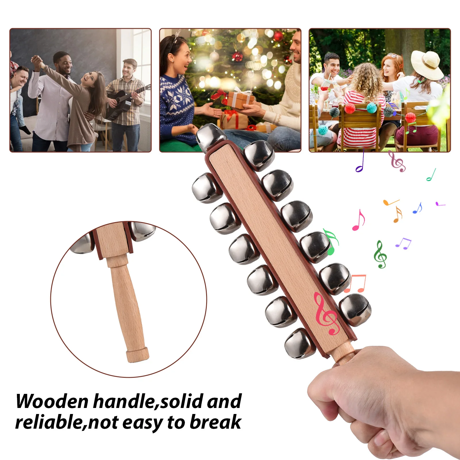 Hand Jingle Bells Hand Sleigh Bells Wooden Shaker Jingle Stick Musical Percussion Instrument for Xmas Holiday