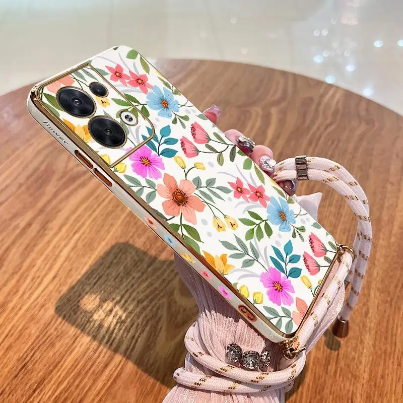 

Color Flower Lanyard Plating Phone Case For OPPO Reno 8 8T 8 Pro 7 7 Lite 7Z 6 6Z 6 ProPlus 5 Lite 5F 4 Lite 4F 3 Pro Cover