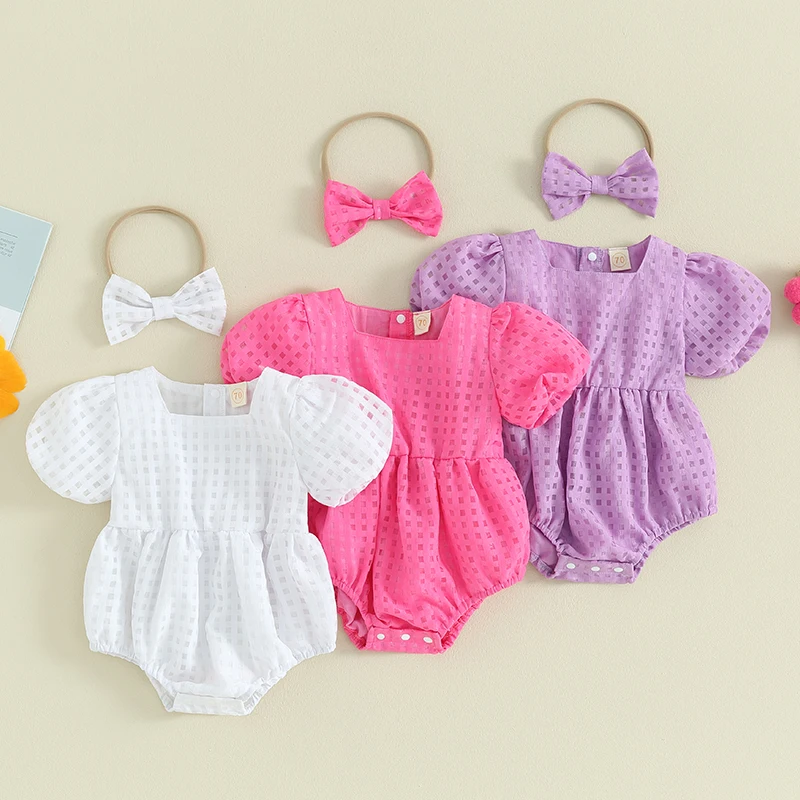 InfantBabyGirlsSummerRompersClothesMeshPlaidShortPuffSleeve