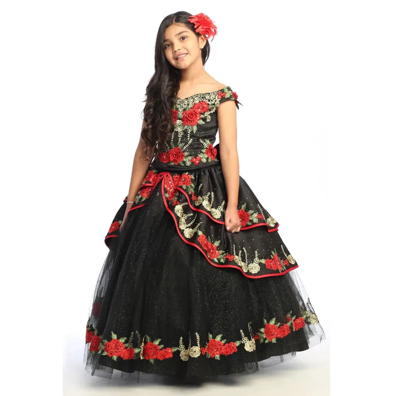 

Black Mini Quinceanera Dresses A-line Off The Shoulder Appliques Flower Girl Dresses For Weddings Mexican Pageant Dresses Baby