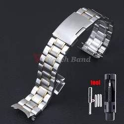 Premium Stainless Steel Curved End Watch Strap with Folding Buckle - Sleek Wristband Accessory - 20mm (Silver Gold)