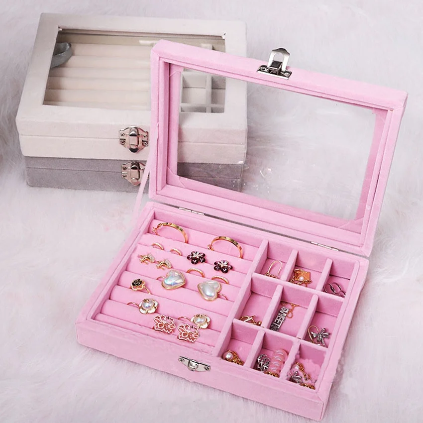 

Velvet Pink Carrying Case with Glass Cover Jewelry Ring Display Box Tray Holder Storage Box Organizer Earrings Ring Bracelet