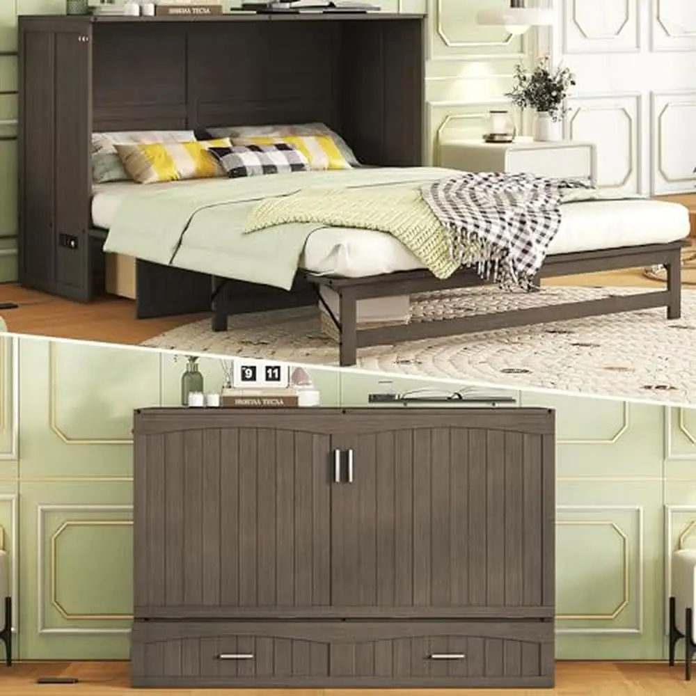 Queen Murphy Bed Cabinet with Charging Station Storage Drawer Modern Grey Bedroom Furniture 600lbs Capacity Kit