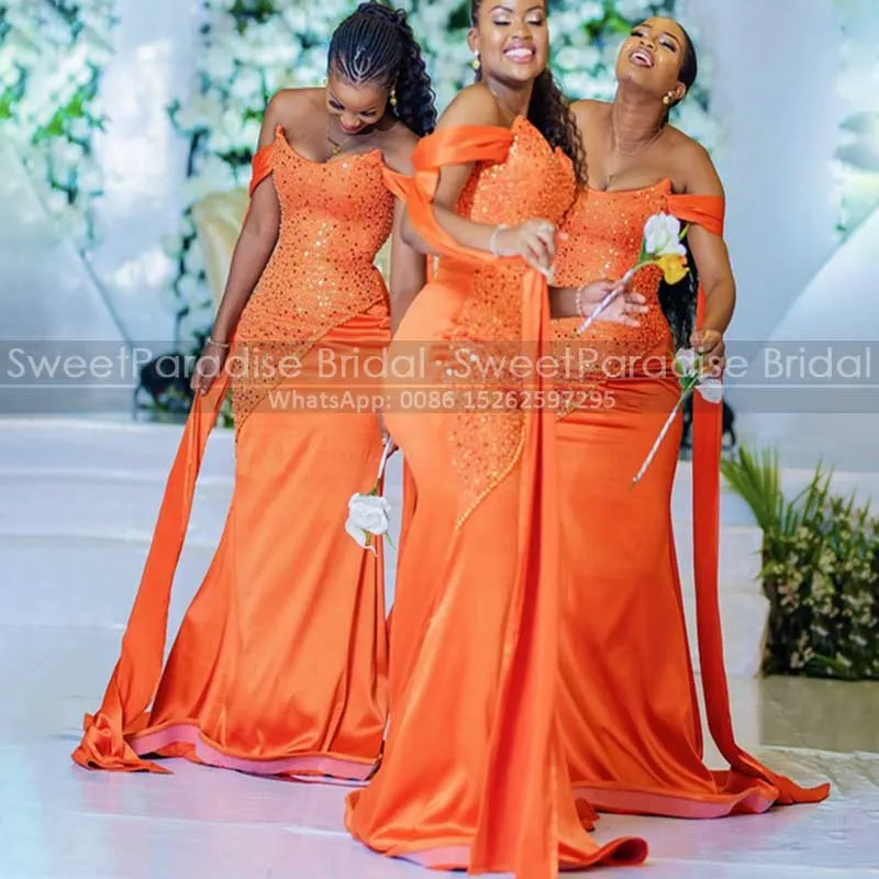 

Plus Size Sequins Bridesmaid Dresses Mermaid Long Streamer Off Shoulder Trumpet Maid Of Honor Wedding Party Dress