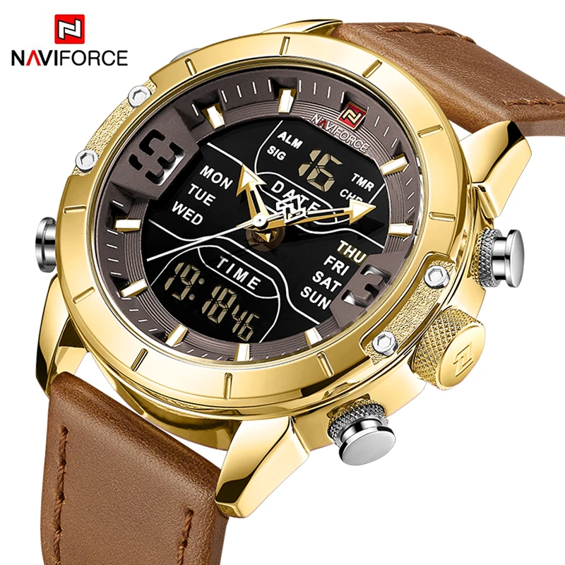 NAVIFORCE Quartz Watch Men Luxury Brand LED Digital Sport Waterproof Wrist watches Male Leather Strap Business Gold Watch Clock