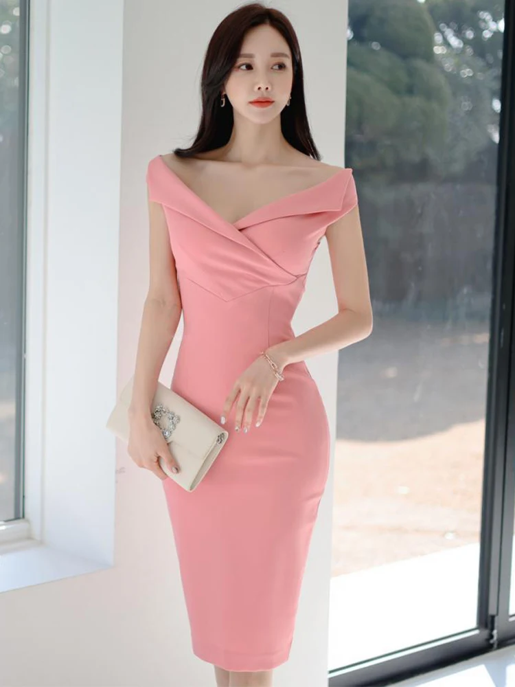 Elegant Office Women Pencil Dress Chic V Neck Off Shoulder Folds ...