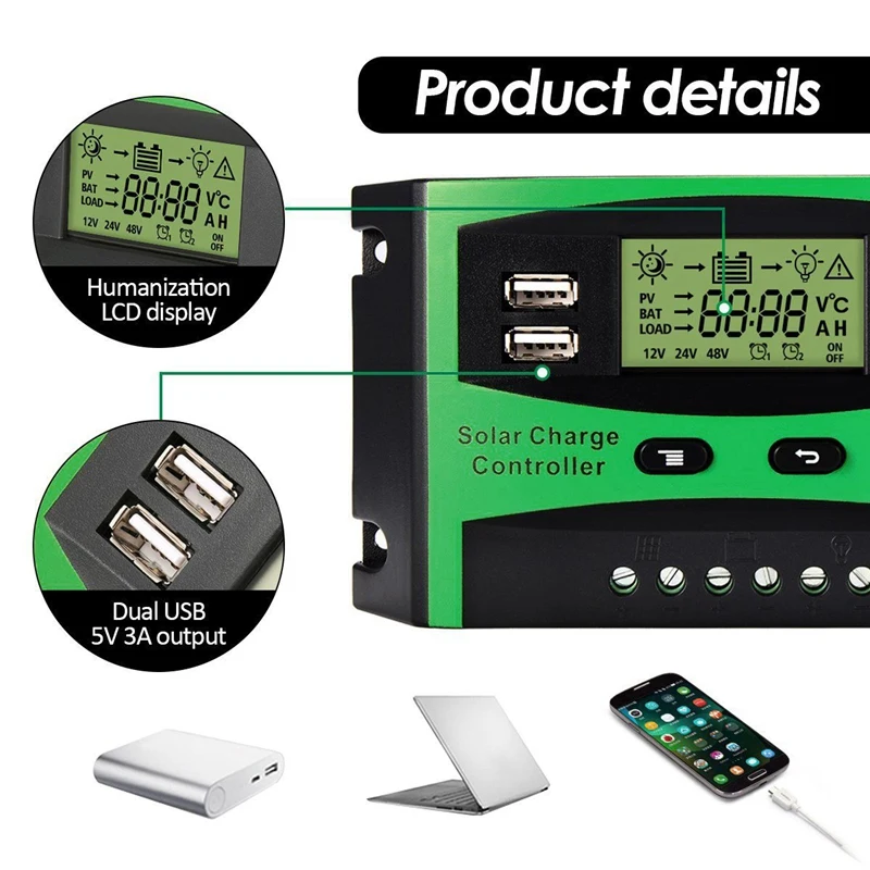 LBER 2X 30A 12V 24V 태양 컨트롤러 LCD 기능 듀얼 USB 5VDC 출력 태양 전지 패널, 배터리 충전 레귤레이터