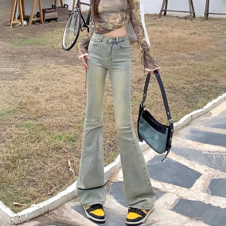 

Europeand the United States high-waisted do old light blue micro flare jeans female high street straight hundred Slim drag pants