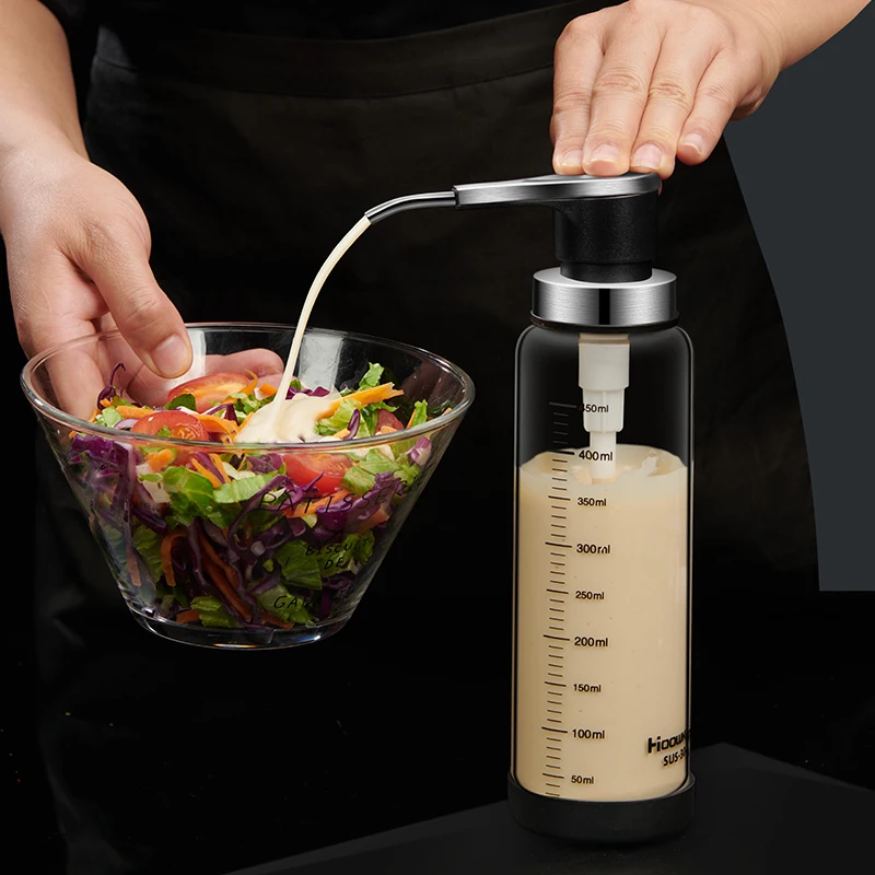 Condiment Squeeze Bottle 1pc Syrup Ketchup Vinegar Glass Sauce Press Bottle Pressure Nozzle Oyster Sauce Push Pump