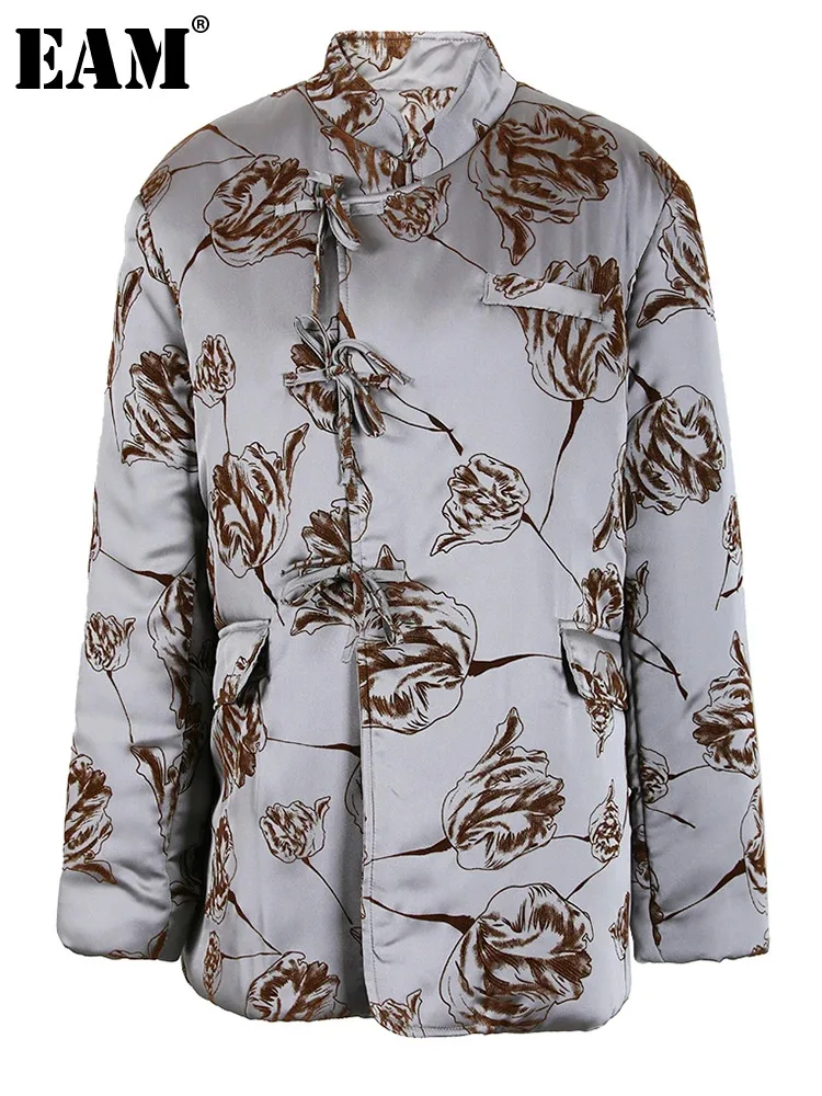 

[EAM] gray pattern big size Cotton-padded Coat Long Sleeve Loose Fit Women Parkas Fashion Tide New Autumn Winter 2024 CPG0910