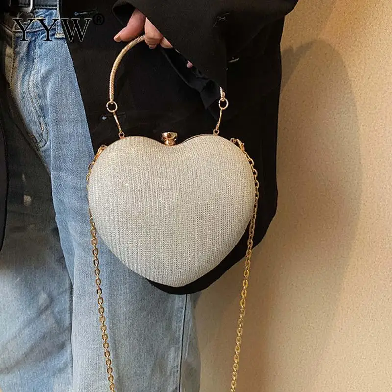 INS Fashion Love Heart Shape Women Clutch Handbag Solid Color Denim Metal Top Handle Female Party Bags Crossbody Chain Purse