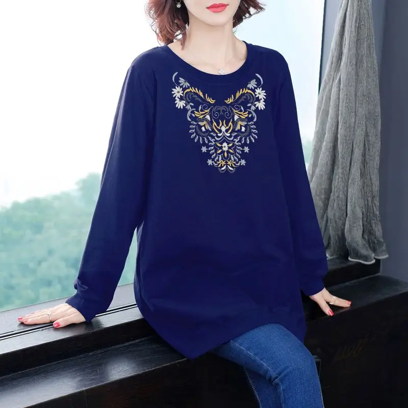 

Spring and Autumn Women's Pullover Round Neck Fashion Casual Print Long Sleeve Medium Length Loose Bottom Tops