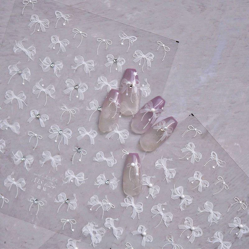 White 5D Pearl Lace Bowknot Wave Lines Nail Stickers Elegant Exquisite Nail Decoration Decals DIY Self Adhesive Transfer Slider 4