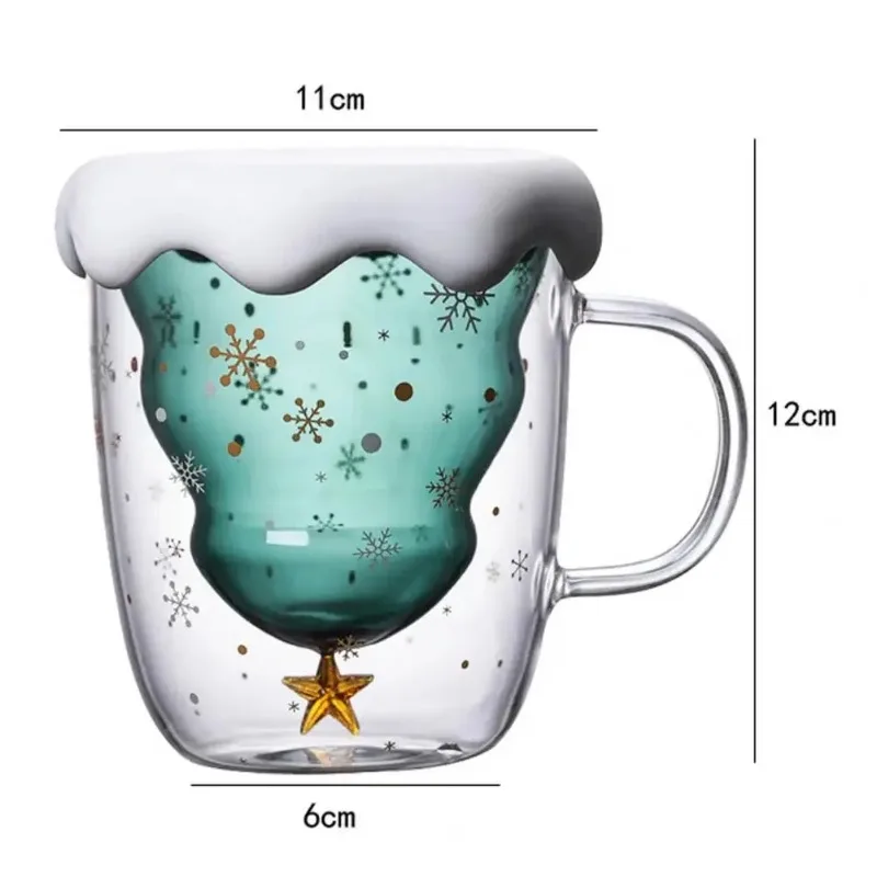 300ML Double Layer Water Glass Cup Thicken Xmas Tree Shape High Mug Lid Kitchen Tools Borosilicate Christmas Tree Coffee