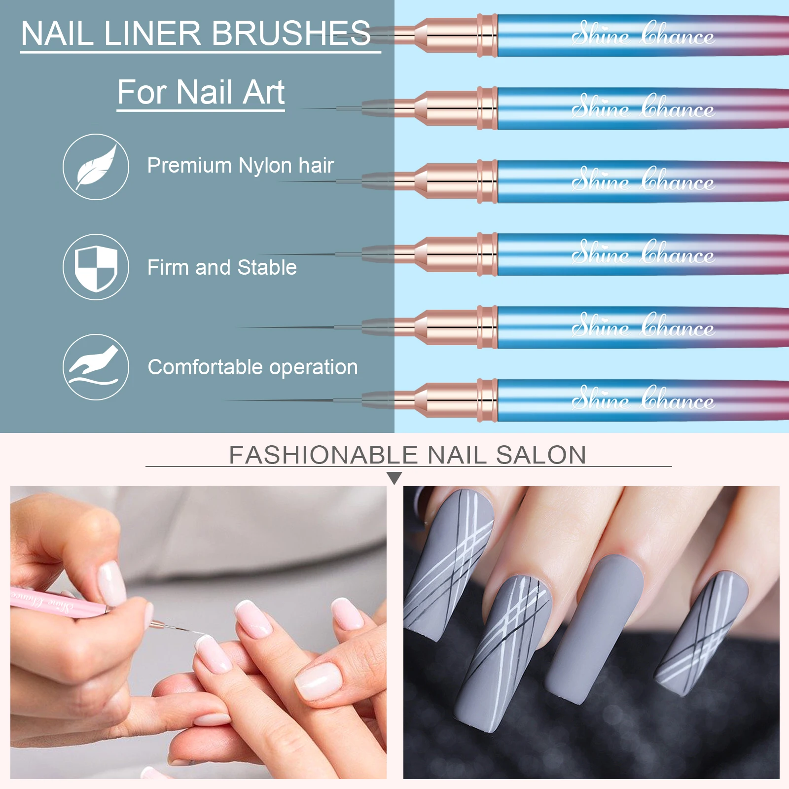 6Pcs Transparent French Stripe Liner Kolinsky Brush 3D Tips Manicure Ultra-thin Line Drawing Pen Brushes Painting Nail Art Tools 3
