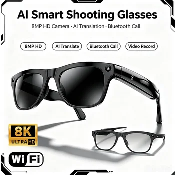 Occhiali Smart AI Multifunzione con Fotocamera, Chiamate Bluetooth ChatGPT, Riprese 8K HD, Traduzione AI, Occhiali da Sole per Sport all'Aperto