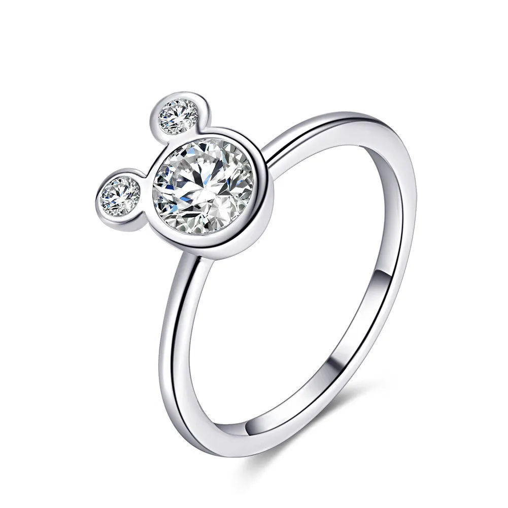 Bagues Mickey couleur argent cristal pour femmes, doux et mignon