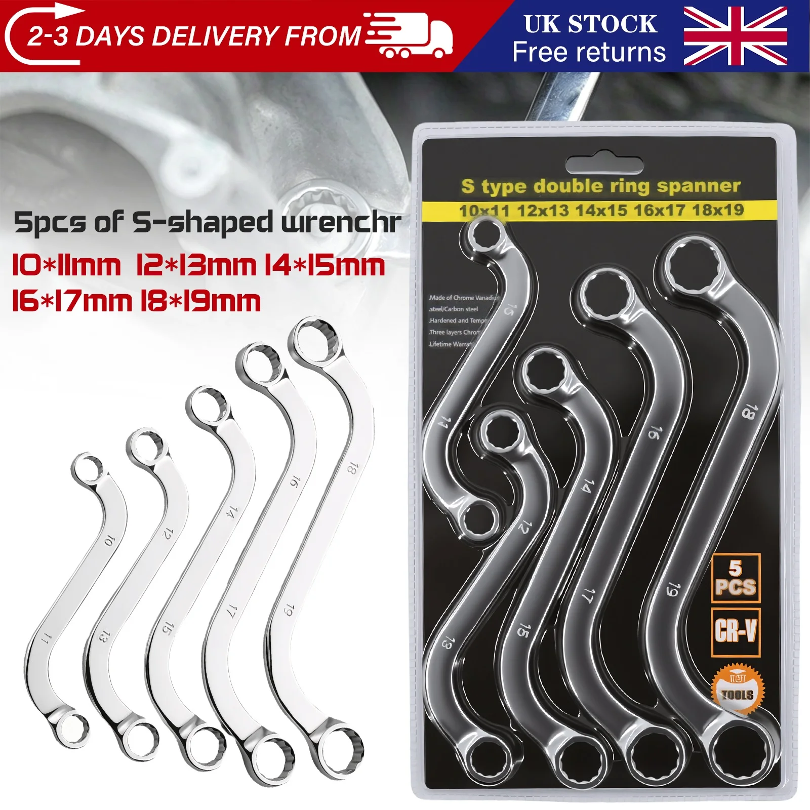 5Pcs S-Shape Obstruction Spanner Set, Metric Curved Double Ring Wrench, Offset S Type Box Spanner Tool for Tight Narrow Space Auto Motorcycle Mechanical Repair