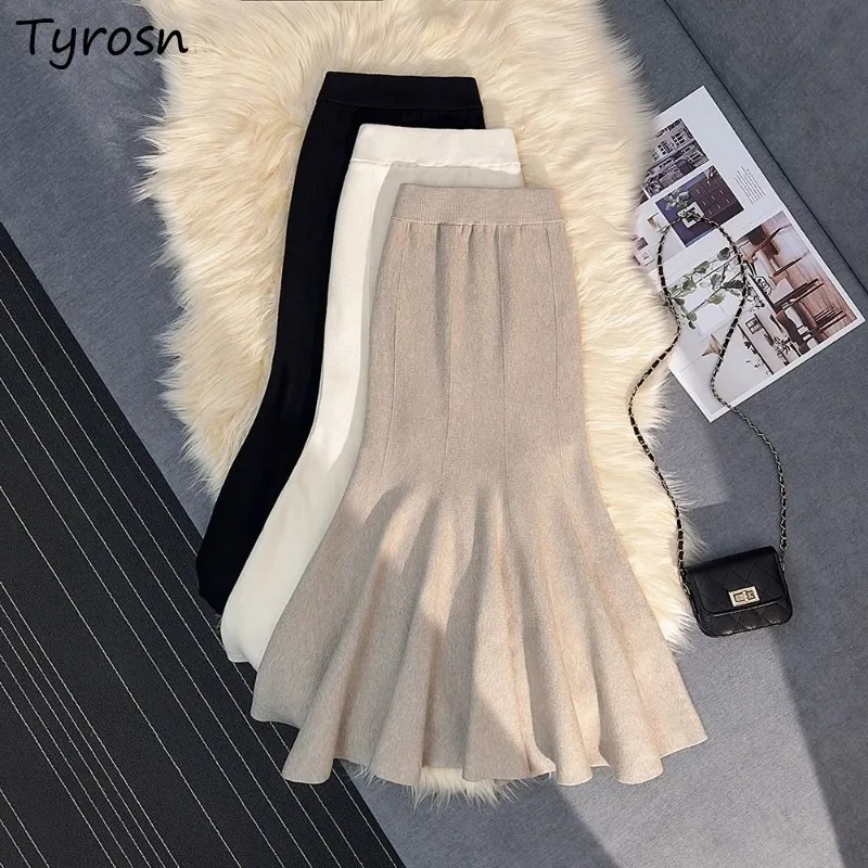 

Women Trumpet Pleated Skirts High Waist Knitted Slim Solid Bodycon Sheath Lady Elegant Fashion All-match Autumn Fashion Faldas