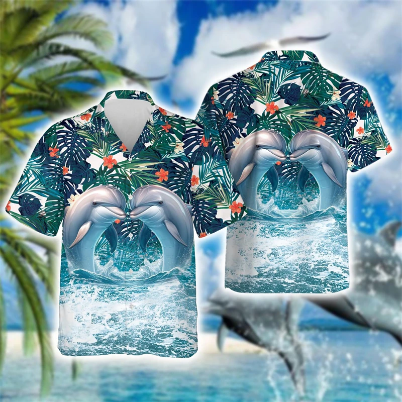 Aloha Hawaiian Dolphin 3D Printed Short Sleeve Shirts For Men Clothes Cute Seanimal Beach Shirt Funny Animal Women Blouses Tops