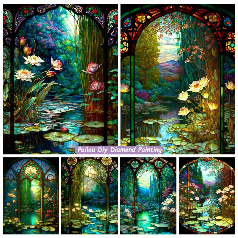 

Stained Glass Lotus Flower Diamond Art Painting Fantasy Pond And Tree Landscape Mosaic Cross Stitch Crystal Craft Home Decor