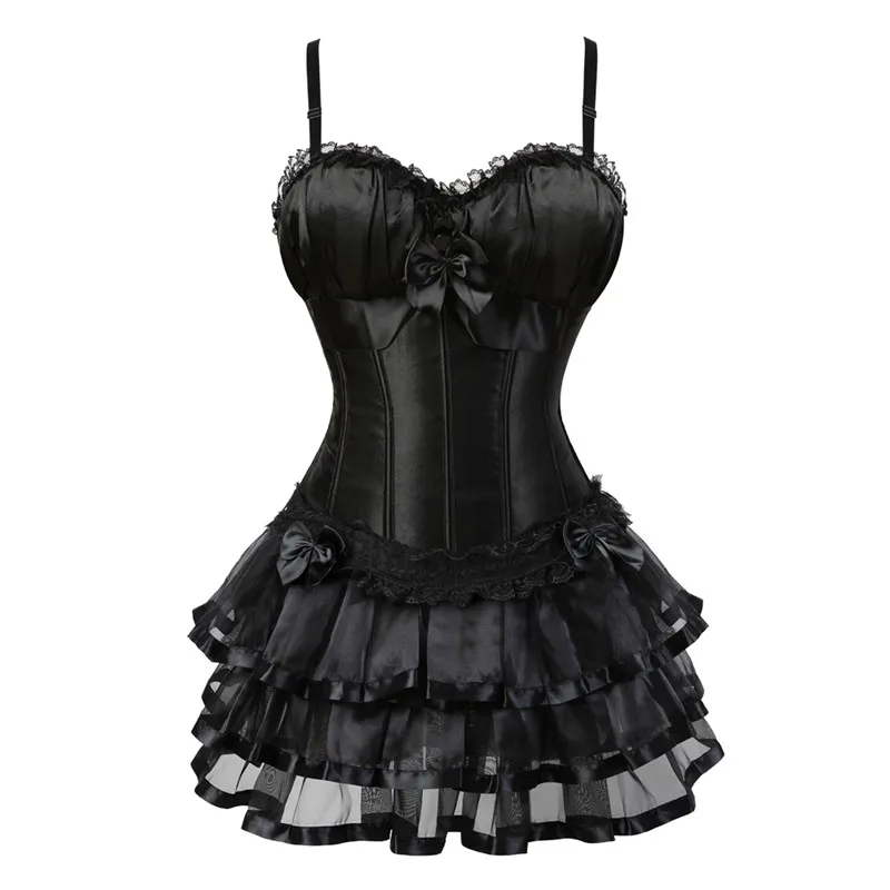 

Black Sexy Burlesque Overbust Corset Dress Top With Cup Straps Bustiers Corsets Tutu Skirt Costumes Satin Body Shaper Lingerie