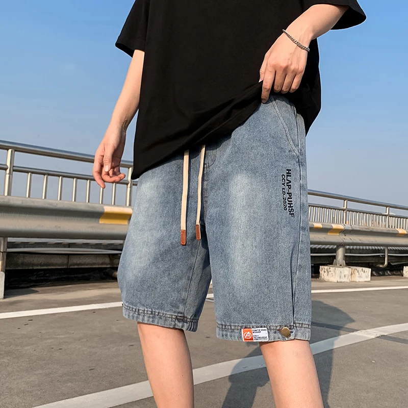 2022 New Korean Style Jeans Drawstring Two Styles Hole Half Fashion Men's Pants Length Outdoor Daily Man's Trousers