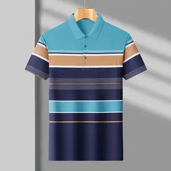 Polo da uomo a maniche corte con risvolto, patchwork a righe colorate, casual elegante, con taschino, modello basic