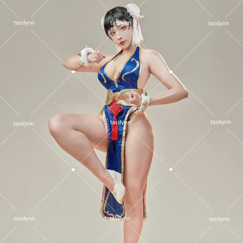 

Игры костюмы для косплея Чунь ли для Хэллоуина, женское платье-Ципао синего цвета, головной ремень, одежда, платье Чунь ли, Женский костюм для косплея