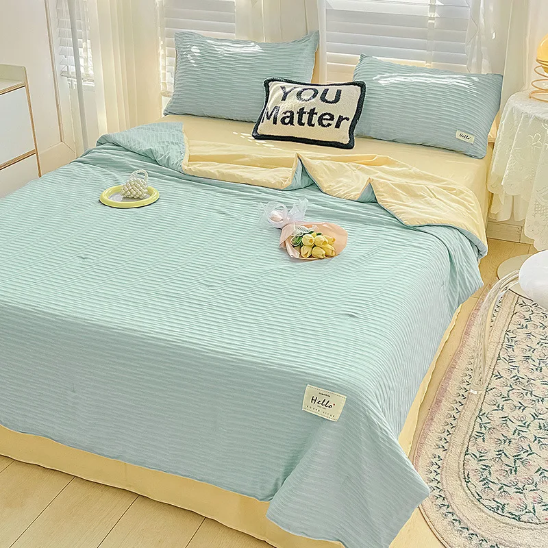 Korean Style Seersucker Washed Cotton Summer Quilt Four-Piece Set Bare Sleeping Quilt Summer Blanket Airable Cover summer quilt,summer quilt set,bed comforter