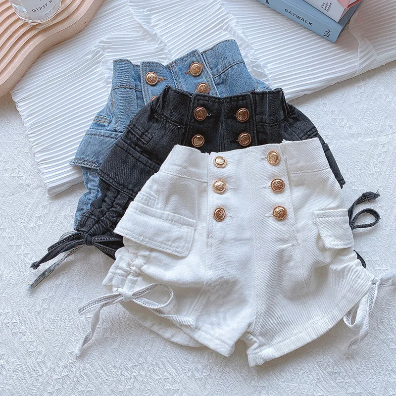 Cute Shorts Kids Clothing Girls Shorts Summer Dress New Korean Children Drawstring Button Jeans Fashionable Hot Pants
