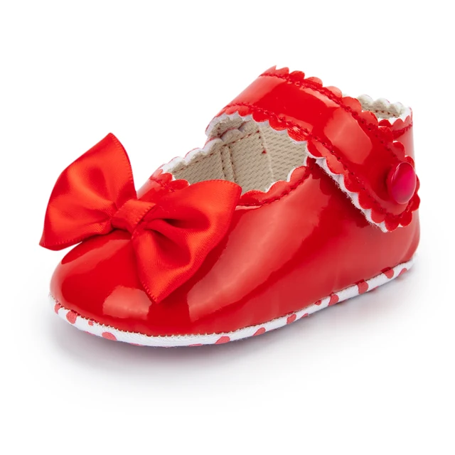 Newborn Baby Shoes Baby Boy Girl Shoes Girl Classic Bowknot Rubber Sole Anti-slip PU Dress Shoes First Walker Toddler Crib Shoes Red4