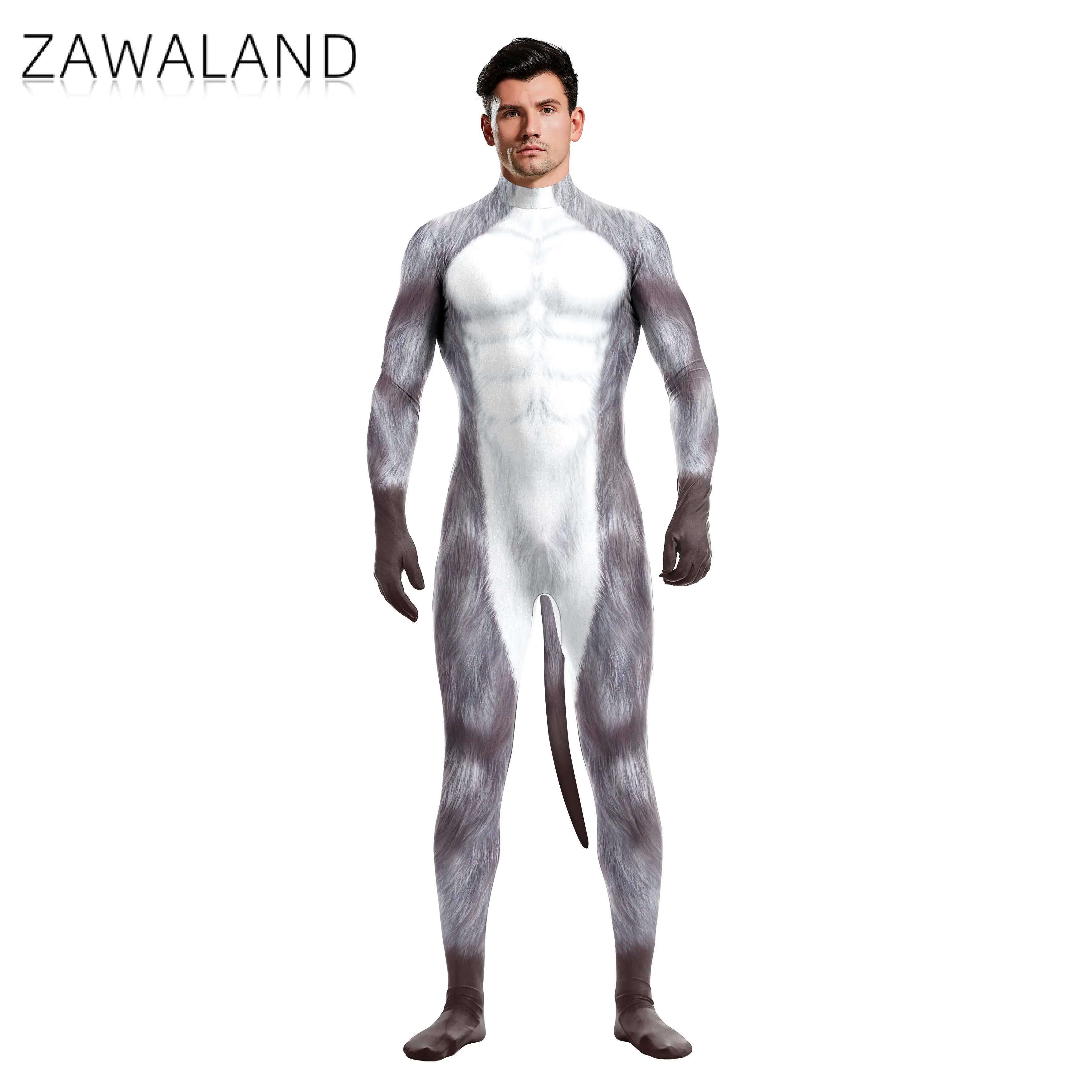Zawaland Halloween Carnival Cosplay Snow Wolf 3D Printed Jumpsuit Long Sleeve Tight Catsuit Costumes Zentai Bodysuit with Tail cosplay costume