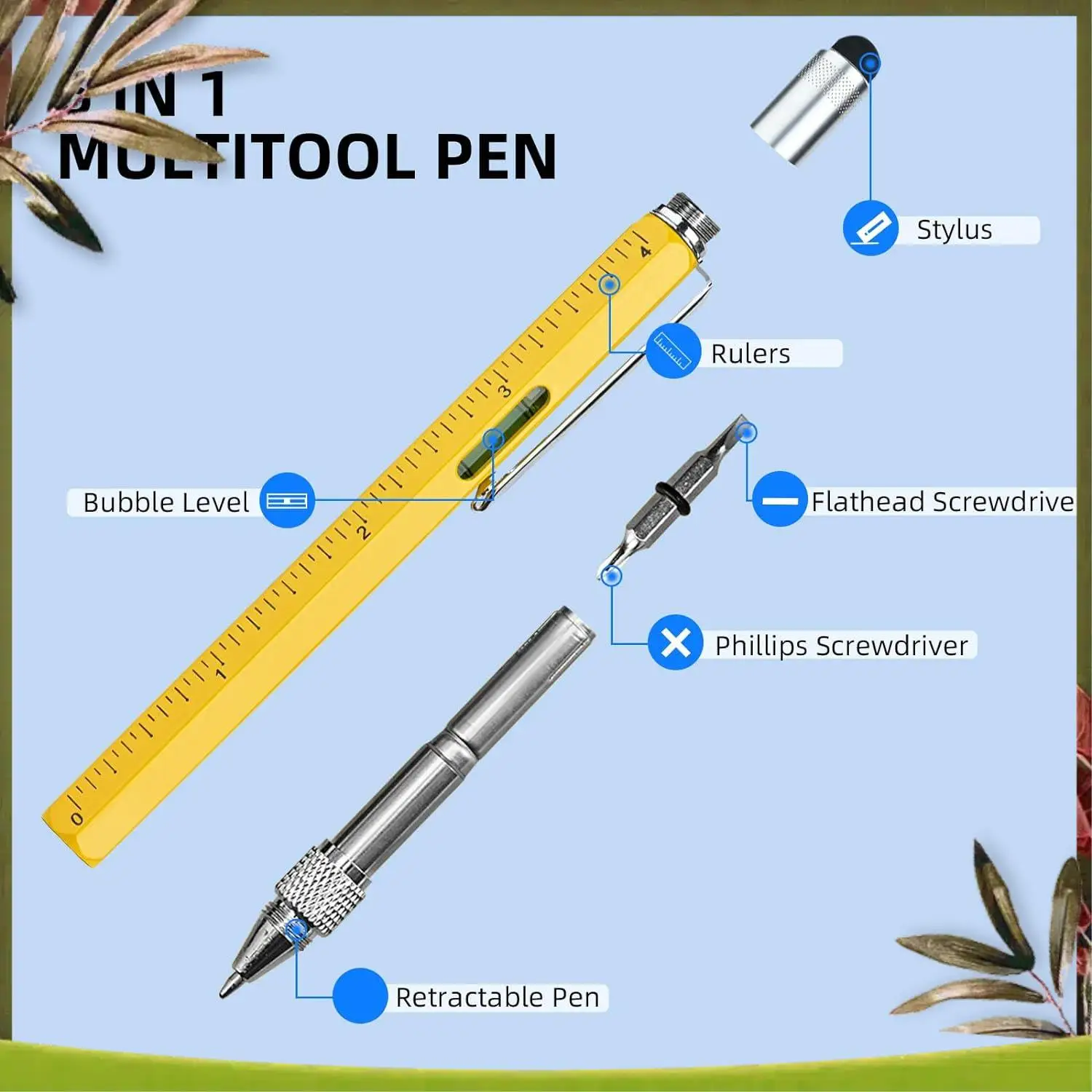 새로운 멀티툴 펜 멋진 가제트, 스타일러스가 포함된 참신한 펜, 레벨, 눈금자, 드라이버, 아빠 남편을 위한 생일 선물 노란색 Dura