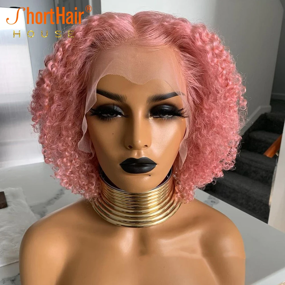 Human Hair Wigs Blonde Curly Pink Colored Short Bob Transparent Lace Bleached Knots Pre Plucked 613 Hair for Women