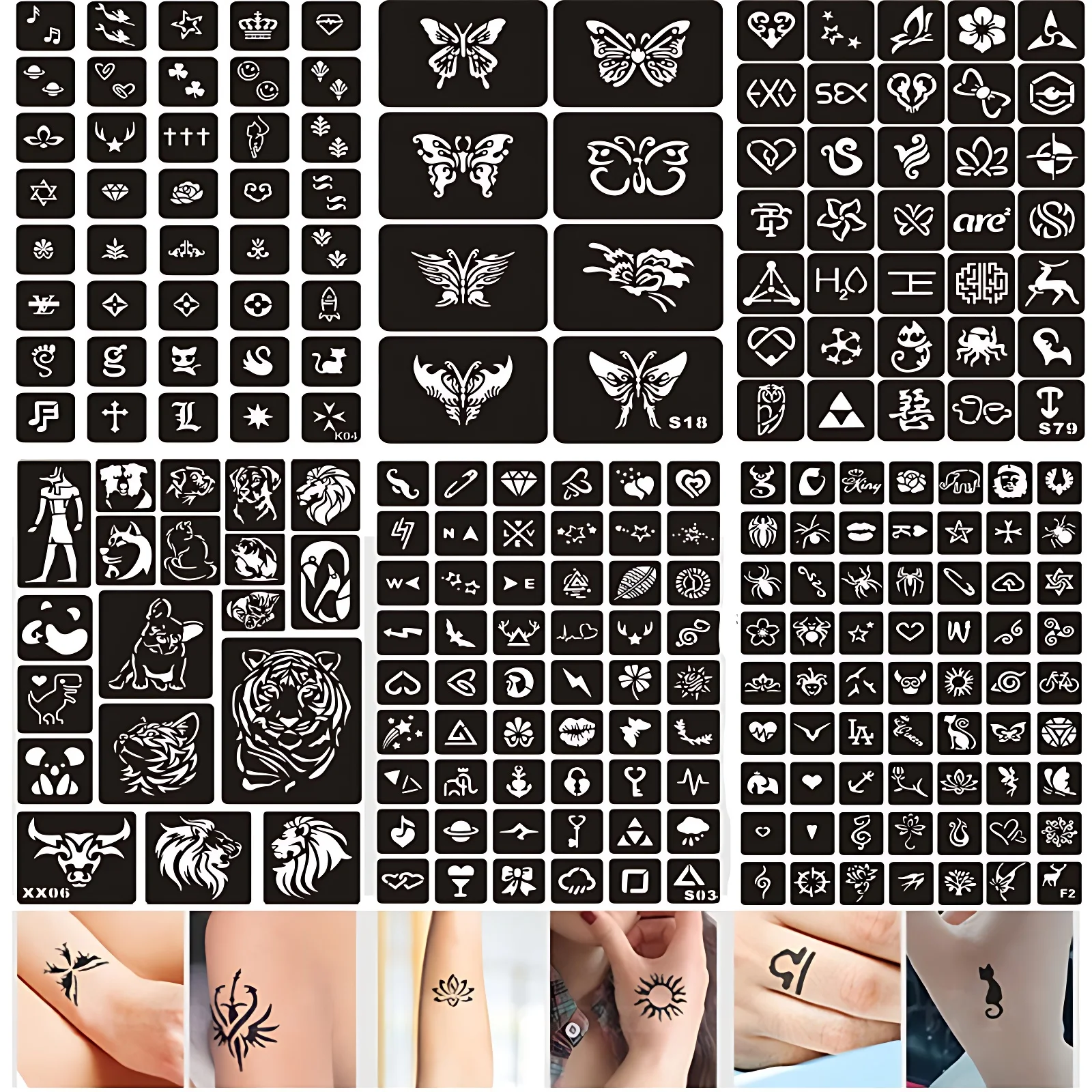 Henna Tattoo Stencils Reusable Temporary Glitter Tattoo Stencils Butterfly Cross Fairy Wolf Airbrush Henna Template for Men Women Kid Schmink Sjabloon