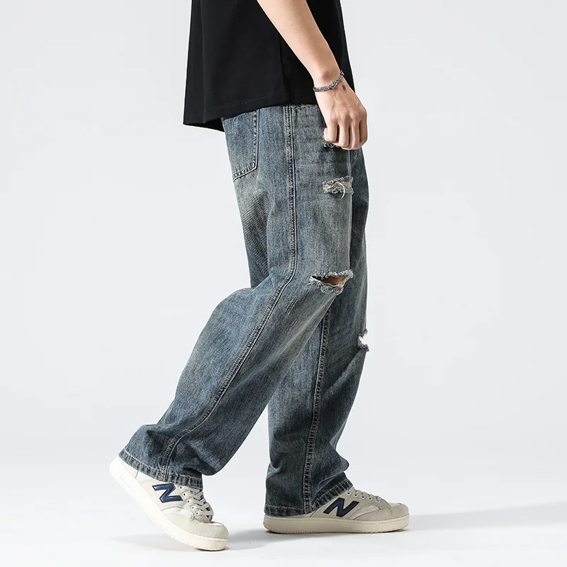 New Spring Summer 2022 Vintage Blue Ripped Pants Loose Straight Casual Wide Leg Jeans Baggy Jeans Streetwear Men