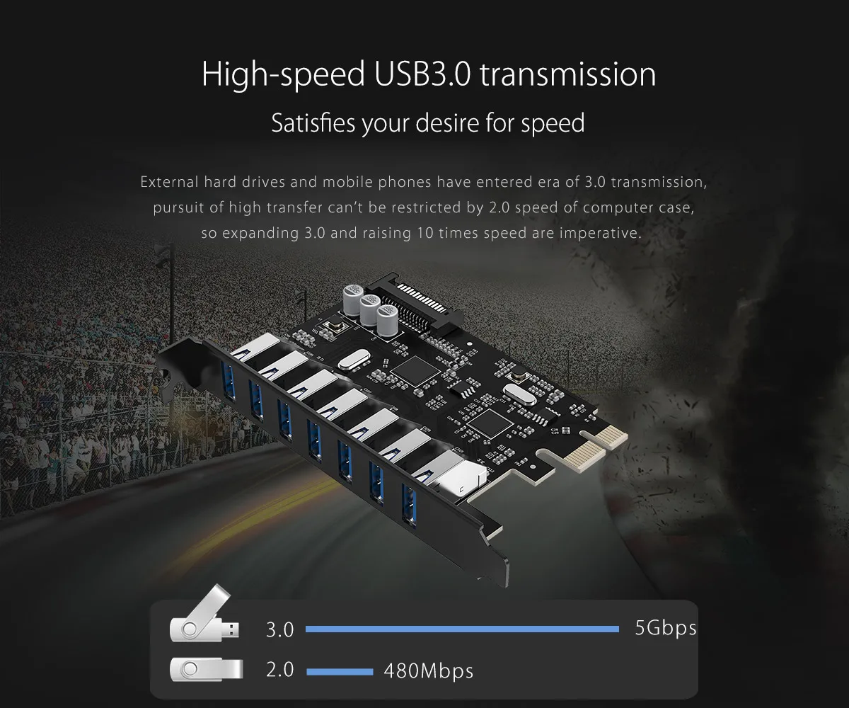 ORICO SuperSpeed 7 Port USB 3.0 PCI-E Express Card with a 15pin SATA Power Connector PCIE Adapt — view 3