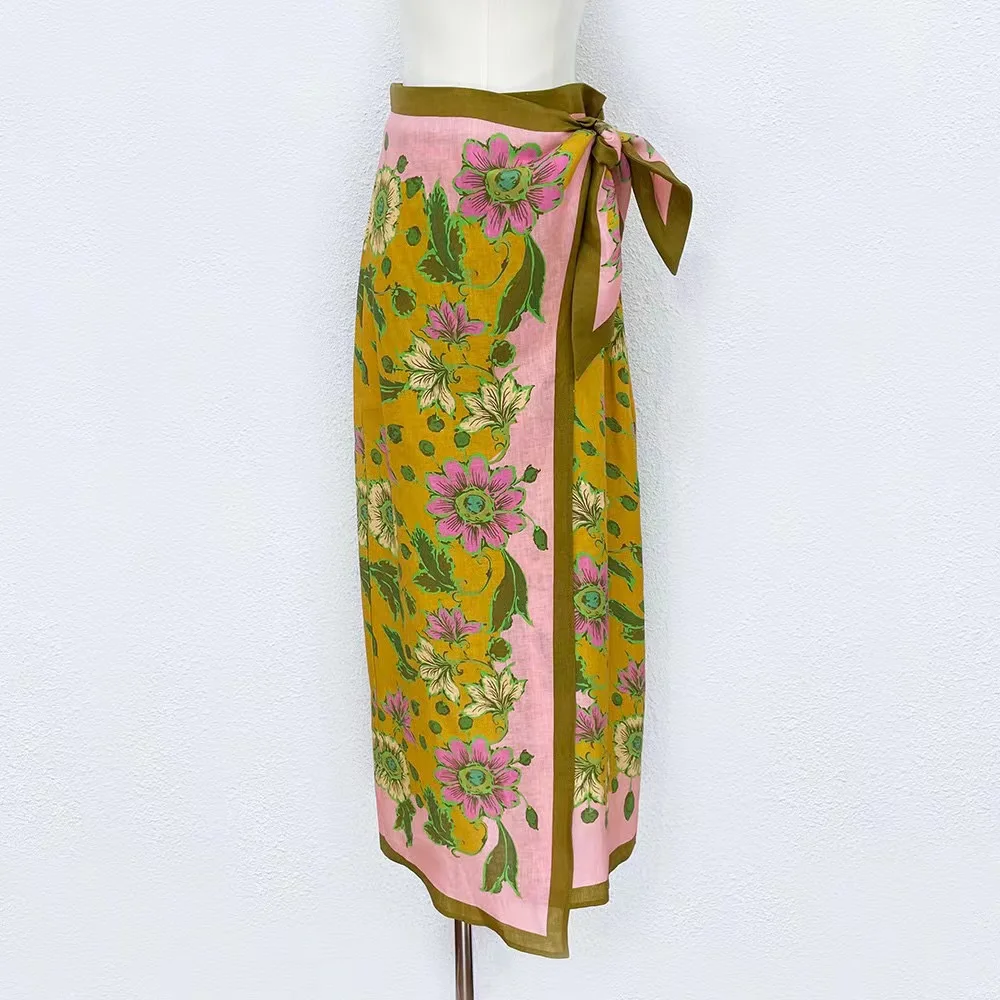 

2023 Floral Print Long Skirt Runway Women Elegant High Waist Linen Slim Skirts Fashion Holiday Clothes