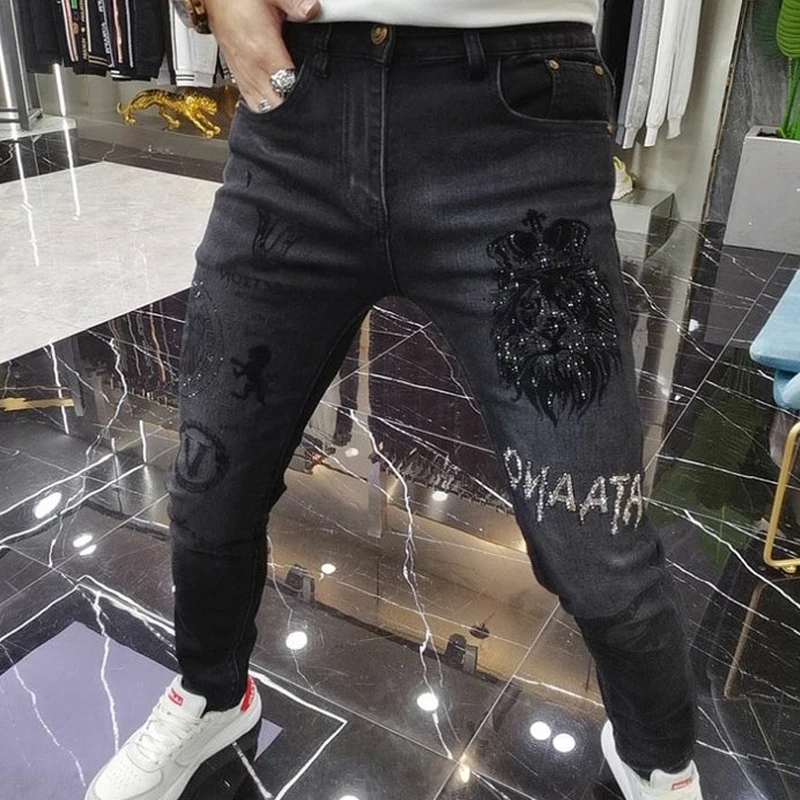 New Fashion High Quality Black Skinny Stretch Men Jeans Embroidery High Street Ripped Trend Retro Small Foot Denim Pants